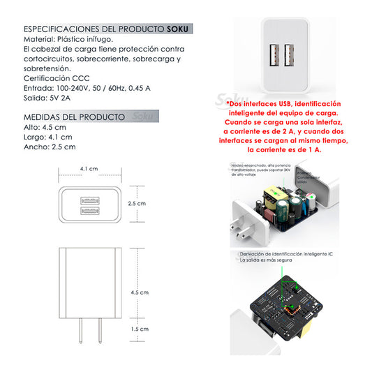 Cubo Cargador De Pared 2 Puertos Usb 5v 2a Certificado