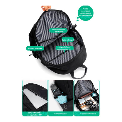 Soku Mochila Premium Contra Agua Laptop 14 Amplia Viaje