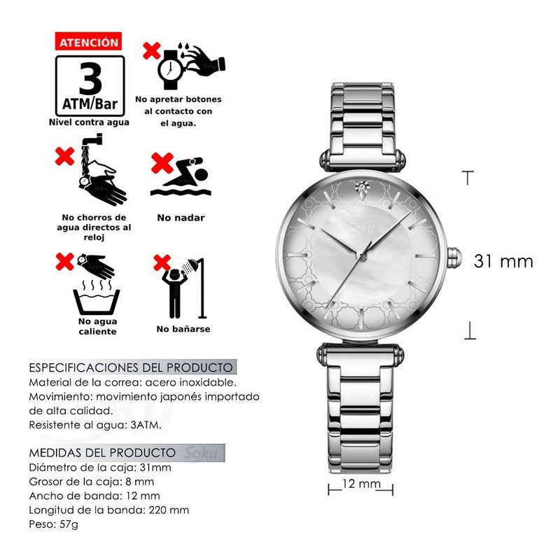 Reloj Inoxidable Nacar Brillante Elegante Mov Japones Cu