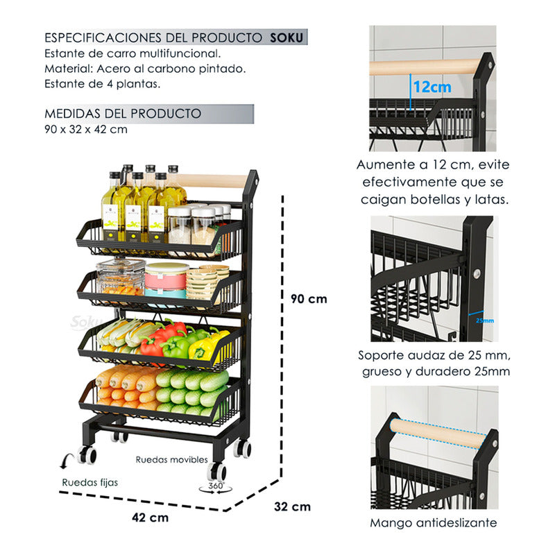 Soku Carrito Servicio 4 Niveles Acero Reforzado Duradero