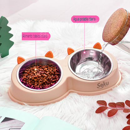 Soku Tazon Doble Elevado Acero Inoxidable Gato Seguro Feliz