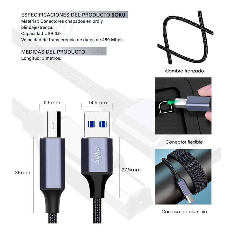 Cable Impresora Usb A A B High Performance Para Hp Xerox 3m