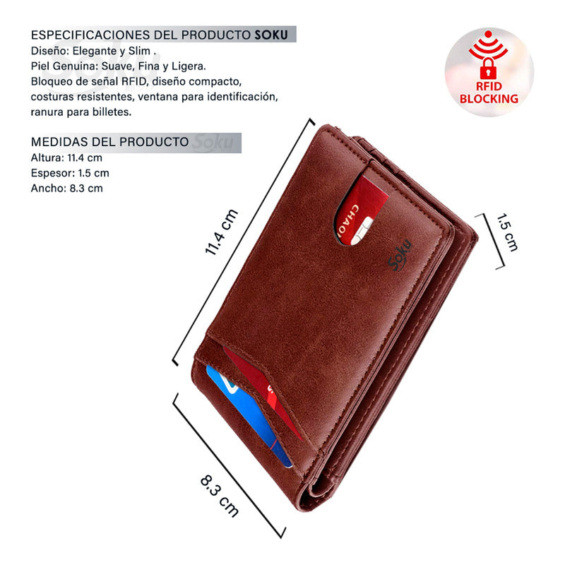 Cartera Billetera Slim Protección Rfid Piel Genuina Soku