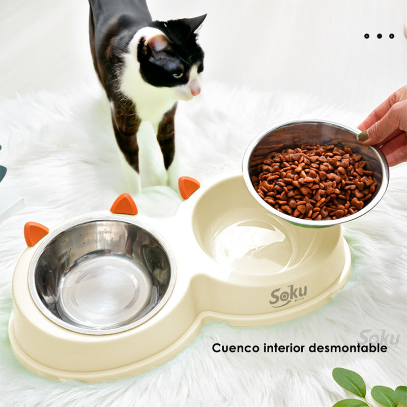 Soku Tazon Doble Elevado Acero Inoxidable Gato Seguro Feliz