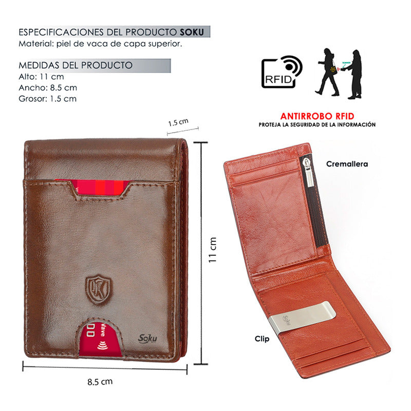 Cartera Billetera Antirobo Rfdi Monedas Cierre Piel Original