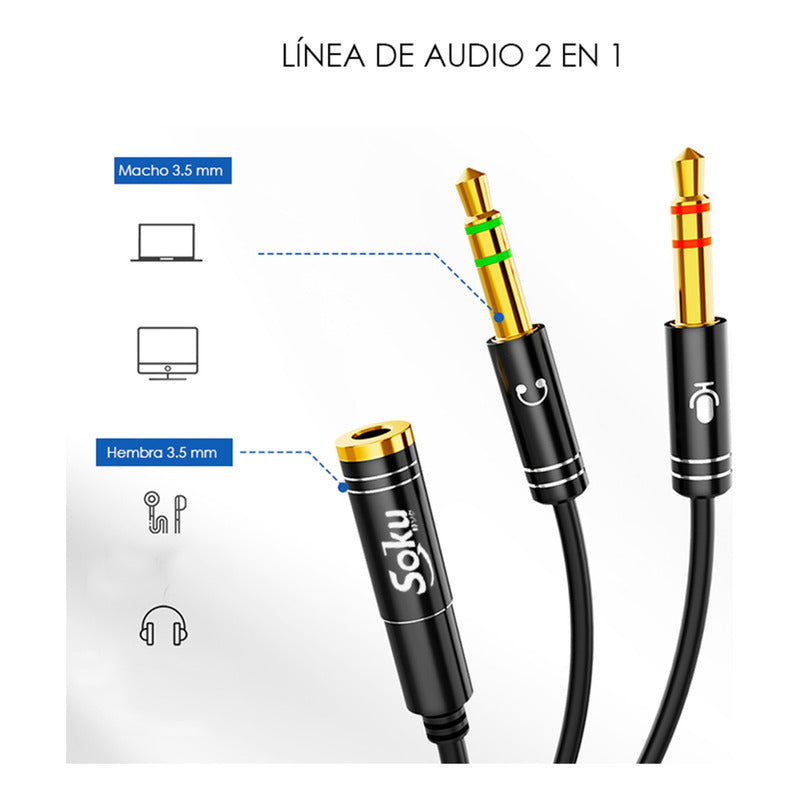 Cable Divisor Adaptador Jack 3.5mm 2 Machos A 1 Hembra Largo