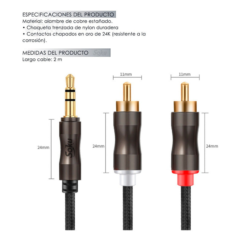 Cable Audio Auxiliar Plug Jack 3.5 Mm Macho A 2 Rca 2 M Pro