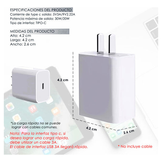 Soku Cargador Pd Usb 3.0 30w 2.2 A Para iPhone 8-15 Xiaomi