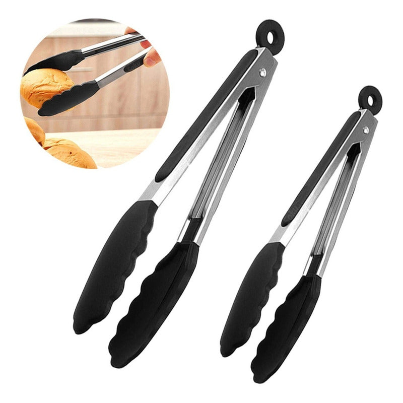 2 Tenazas Chef Acero Inoxidable Pinzas Silicona Pan Ensalada