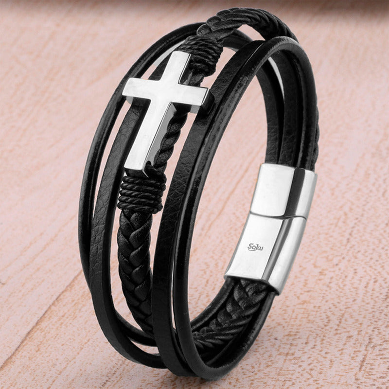 Soku Pulsera Cruz Personalizada Piel Acero Inoxidable