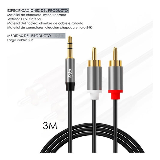 Cable Audio Auxiliar Plug Jack 3.5 Mm Macho A 2 Rca 3 M Pro