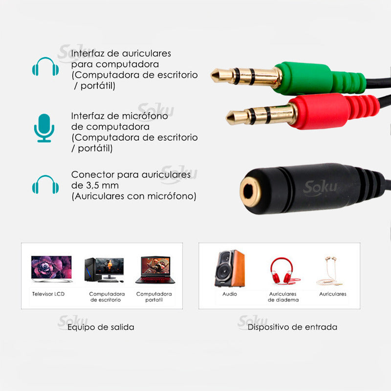 Cable Adaptador Auxilar 3.5 Microfono Audifono Hembra Macho