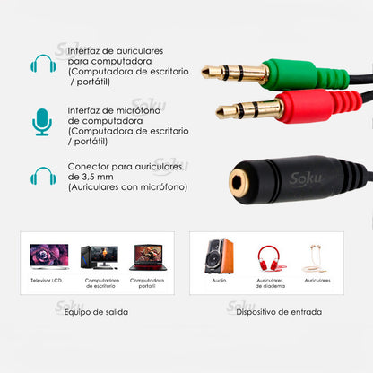 Cable Adaptador Auxilar 3.5 Microfono Audifono Hembra Macho