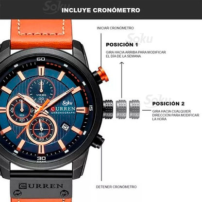 Reloj Cronometro Piel Real Acero Mov Japones Contra Agua Cu