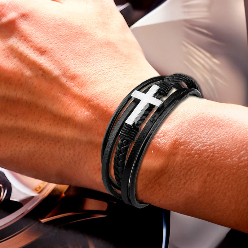 Soku Pulsera Cruz Personalizada Piel Acero Inoxidable