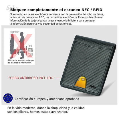 Cartera Billetera Piel Fibra Carbono Protección Rfid Clip