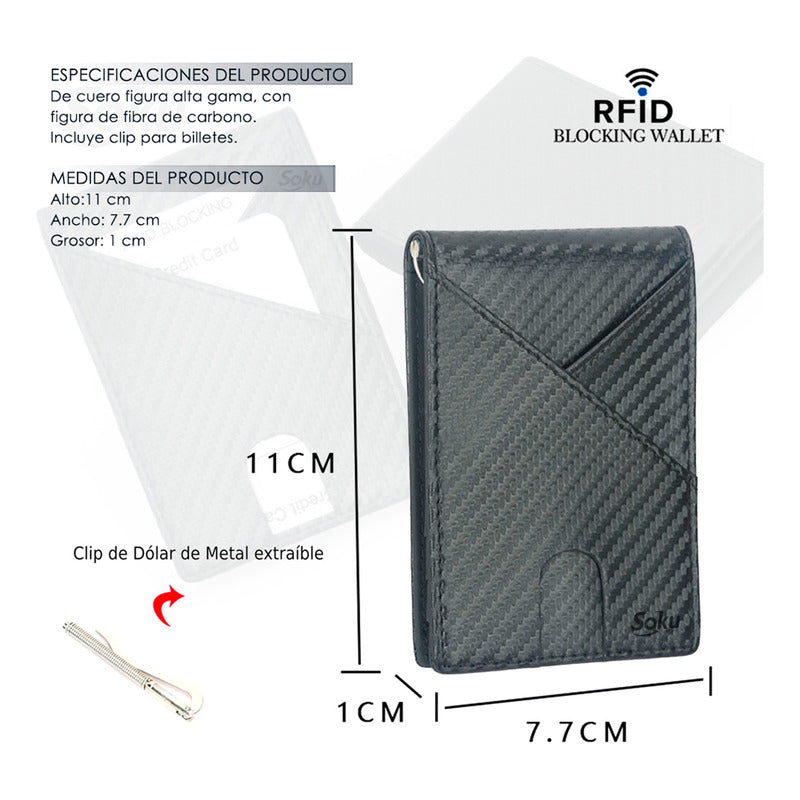 Cartera Billetera Piel Fibra Carbono Protección Rfid Clip