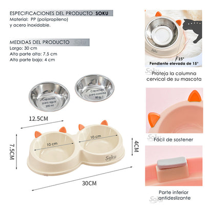 Soku Tazon Doble Elevado Acero Inoxidable Gato Seguro Feliz