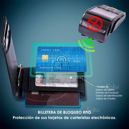Billetera Cartera Fibra Carbono Antirrobo Clip Piel Genuina