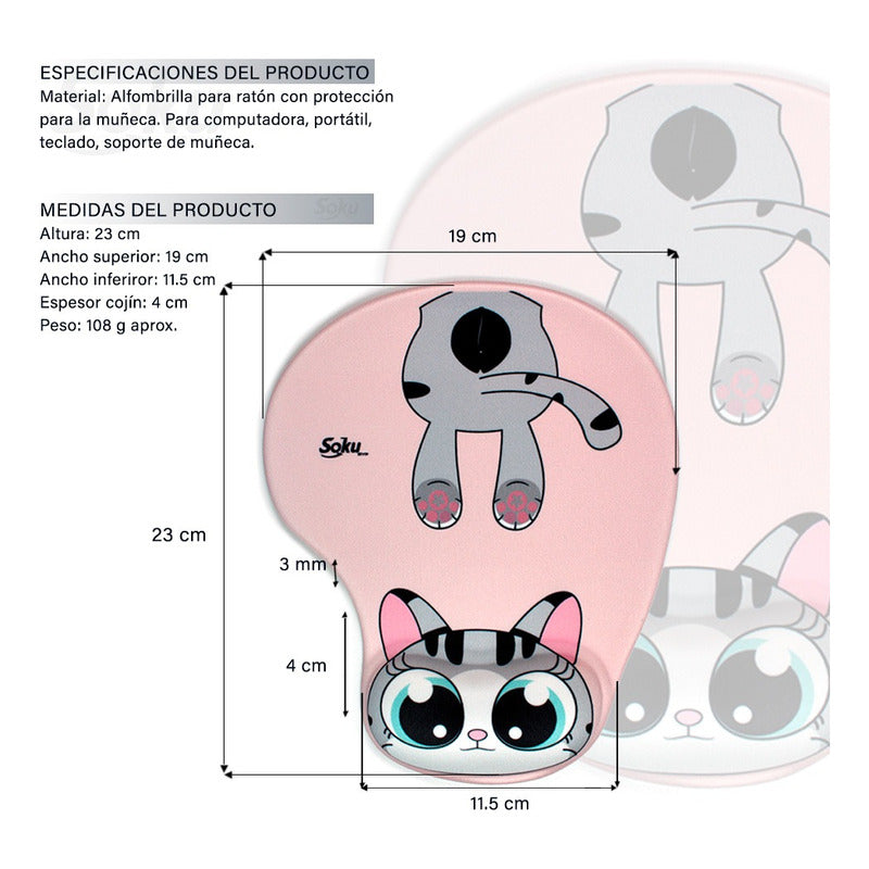 Tapete Para Raton De Gel Ergonomico Caricaturas Gatos Kawaii