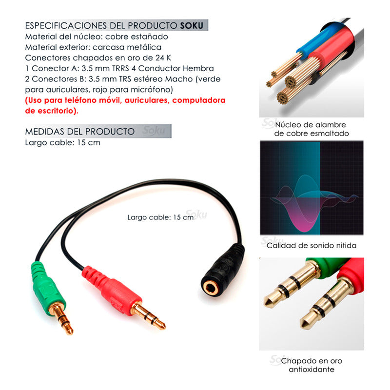 Cable Adaptador Auxilar 3.5 Microfono Audifono Hembra Macho
