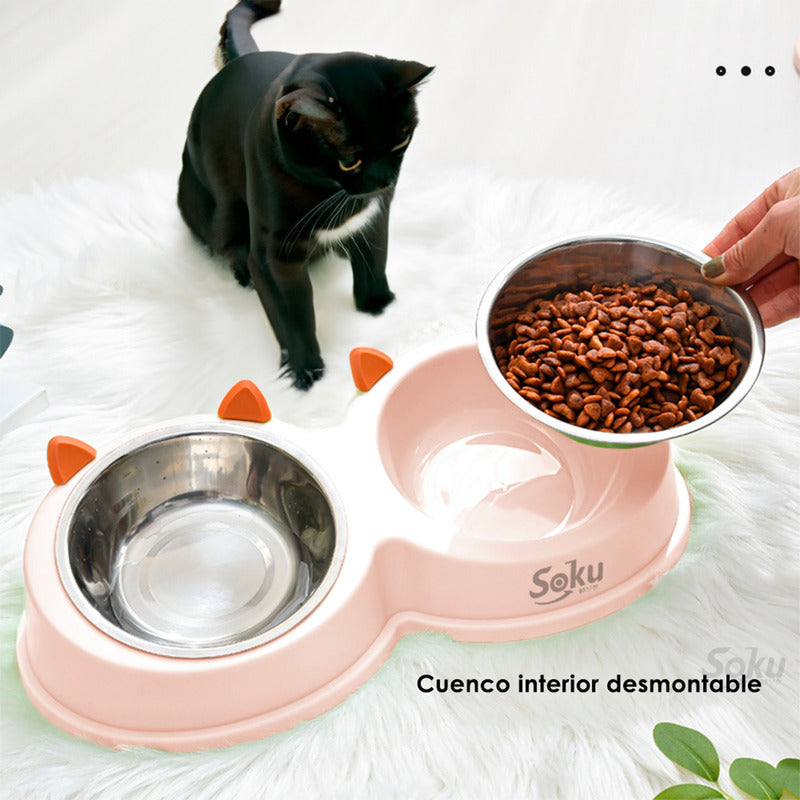 Soku Tazon Doble Elevado Acero Inoxidable Gato Seguro Feliz