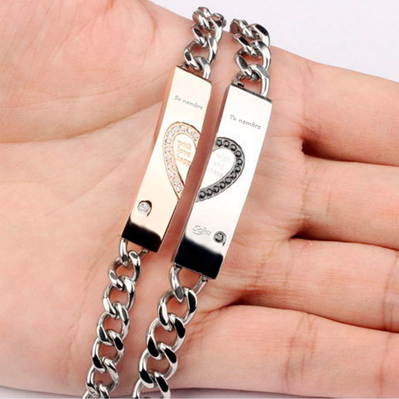 2 Pulseras Personalizadas Parejas Cora Inoxidable Por Vida