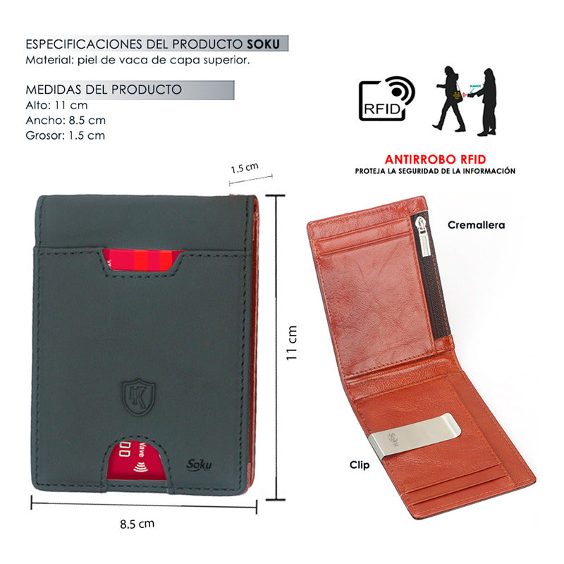 Cartera Billetera Antirobo Rfdi Monedas Cierre Piel Original