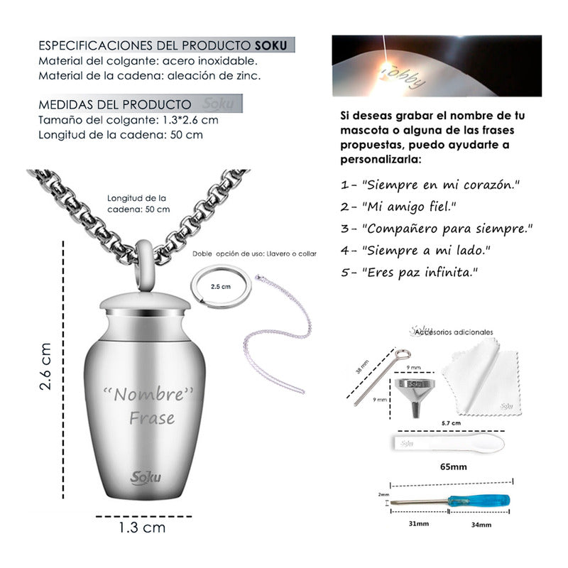 Soku Dije Cápsula Relicario Urna Cenizas Personalizado Acero