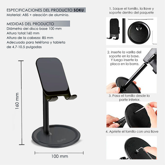 Soporte Escritorio Tablet Porta Celular Base Aluminio Lujo