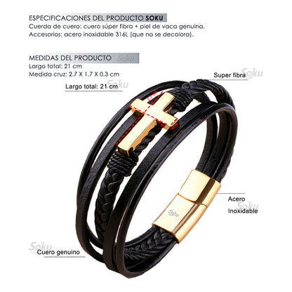 Soku Pulsera Cruz Personalizada Piel Acero Inoxidable