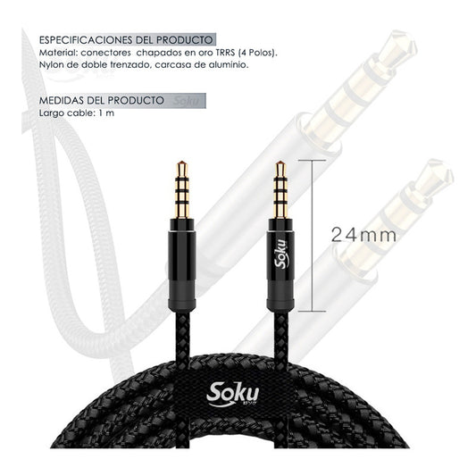 Cable Auxiliar Estereo 2 Jack 3.5mm Machos 4 Polos 1 M Rudo