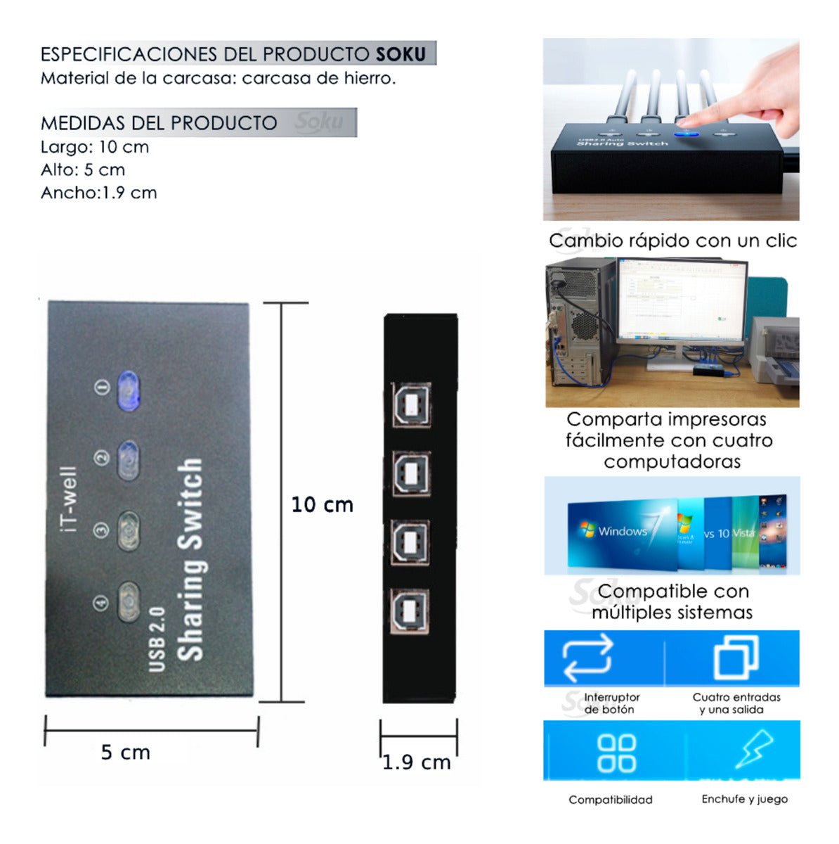 Conmutador Impresora 4 Puertos Hub Divisor Switch Manual