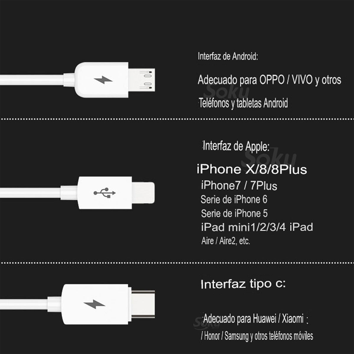 Soku Cable 3 En 1 Para iPhone Tipo C V8 Carga Ultra Rápida