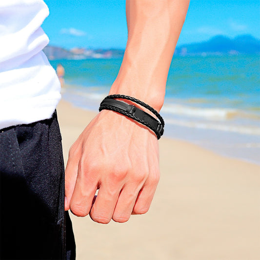 Pulsera Hombre Personalizada Grabado Vintage De Piel Titanio