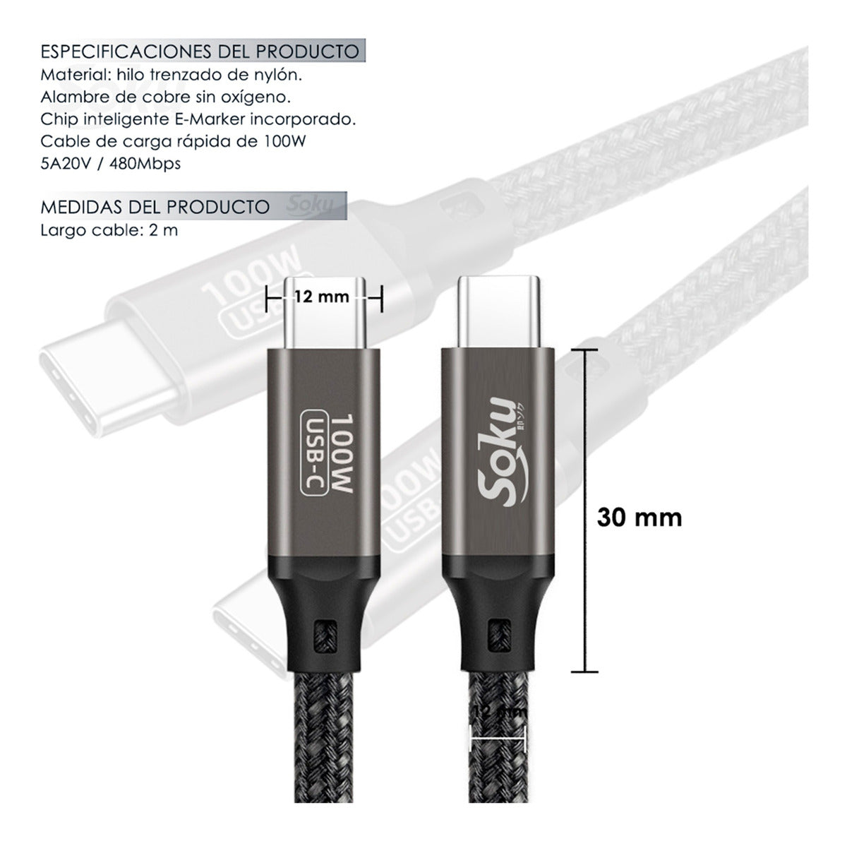 Soku Cable 2 Usb Tipo C 100w 20v 5a Ps Chip Para iPhone 15
