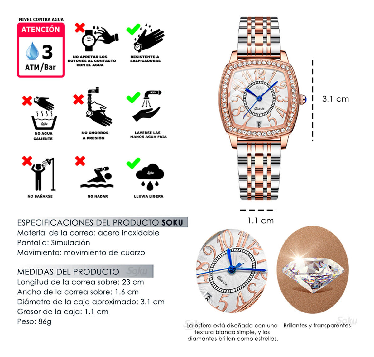 Reloj Inoxidable Brillantes Numeros Grandes Fechador Cx