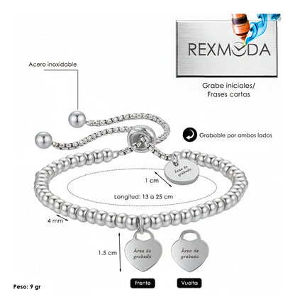 Pulsera Personalizada Esclava Desliz Dije Corazon Inoxidable