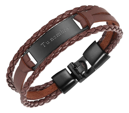 Pulsera Hombre Personalizada Grabado Vintage De Piel Titanio