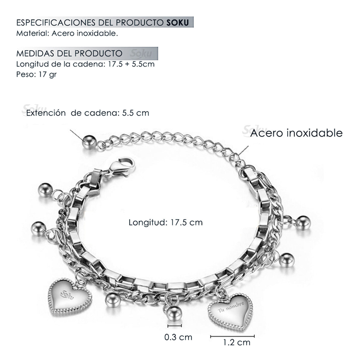 Soku Pulsera Personalizada Cadena Acero Inoxidable Dura Vida