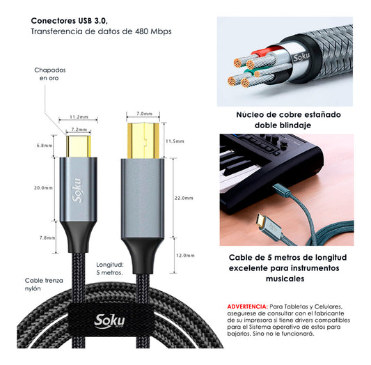 Soku Cable Impresora Usb Tipo C Chapa Oro Para Mac iPad 5m