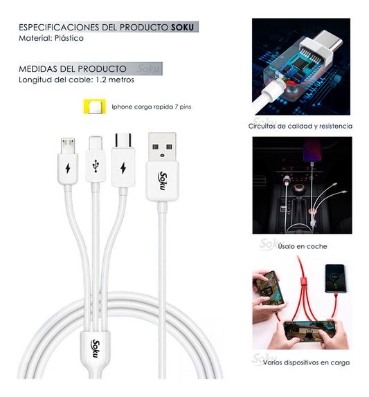Soku Cable 3 En 1 Para iPhone Tipo C V8 Carga Ultra Rápida