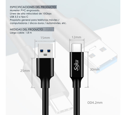 Soku Cable Usb 3.2 A Tipo C  P 3a 60w 10gbps Para Samsung