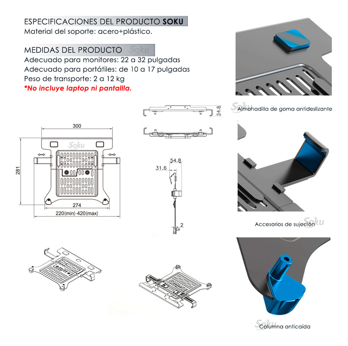 Soku Base Doble Monitor Grande 12kg Lap Ergonomico Dura Vida