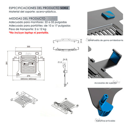 Soku Base Doble Monitor Grande 12kg Lap Ergonomico Dura Vida