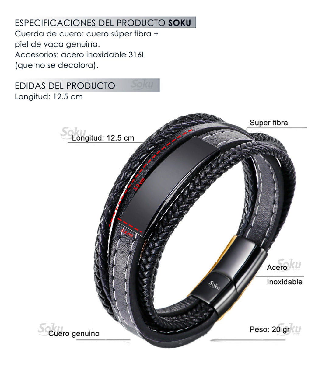 Soku Pulsera Personalizada Piel Acero Inoxidable Titanio