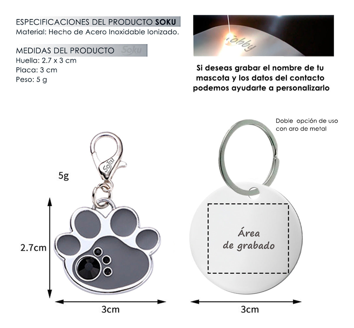 Soku Placa Personalizada Perro Gato Huella Cristal Premium+
