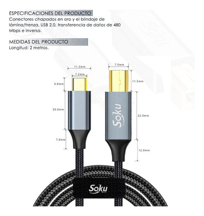 Cable Impresora Usb Tipo C Chapa Oro Para Mac iPad 2m