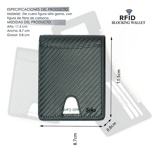 Cartera Billetera Fibra Carbono Antirrobo Piel Genuina Rfid