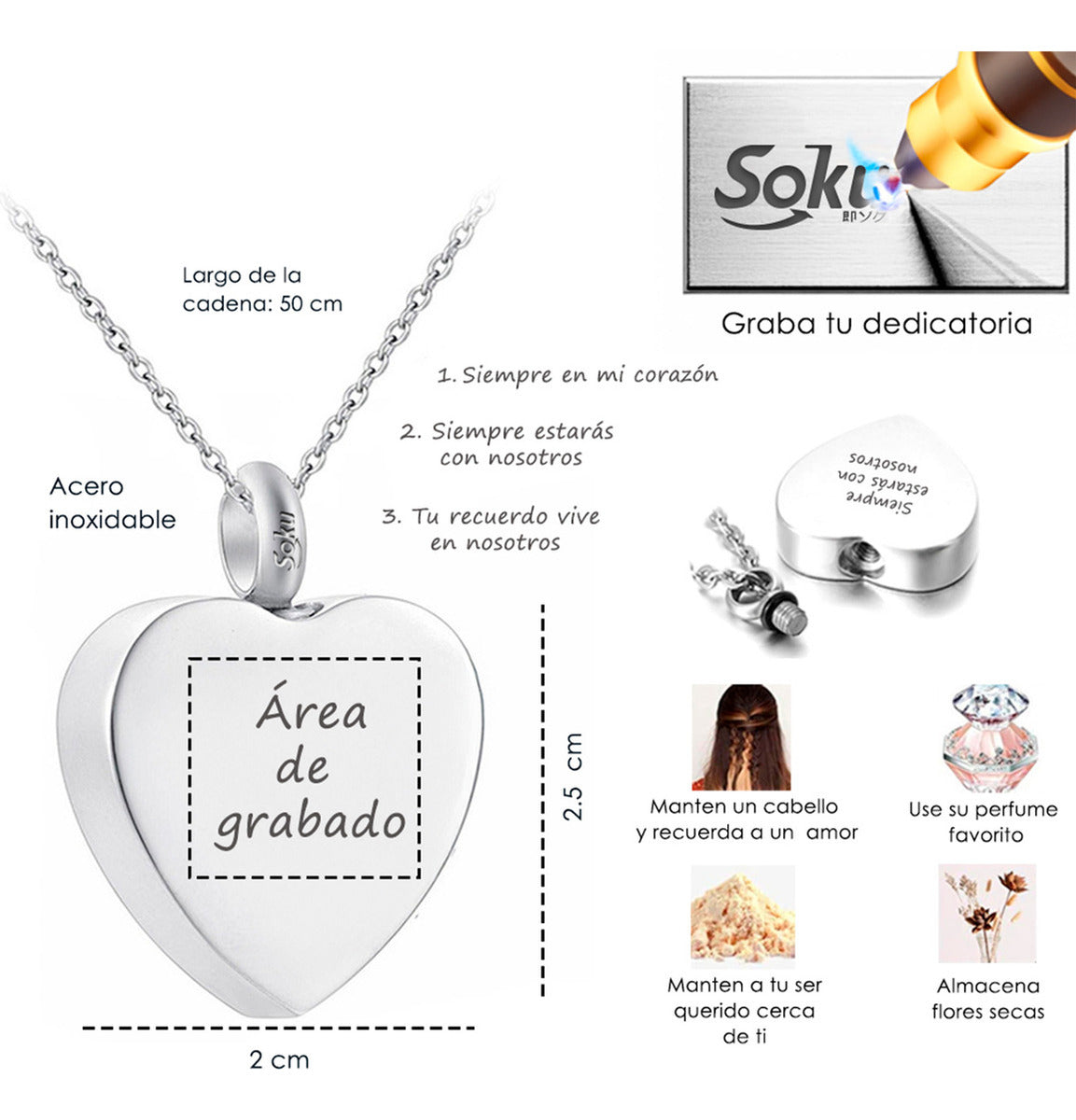 Soku Dije Collar Colgante Corazón Rosa Cenizas Relicario